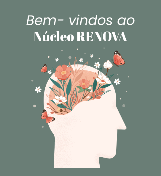 Ilustração de perfil feminino com flores e borboletas ao redor da cabeça, representando acolhimento emocional