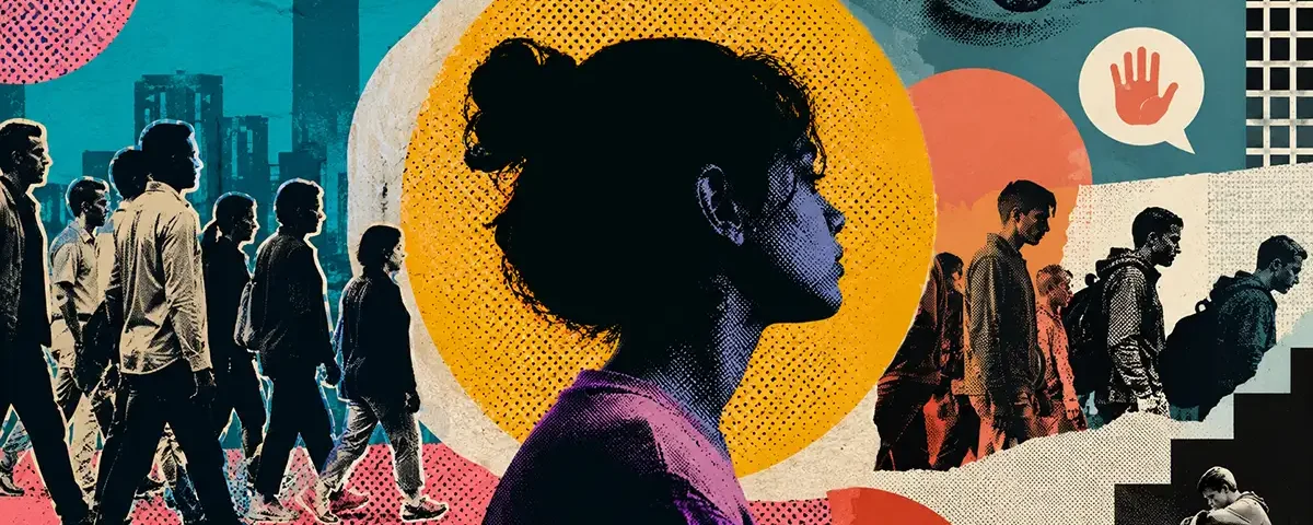 Ilustração em estilo pop art mostrando uma jovem isolada enquanto uma multidão caminha rapidamente ao seu redor sem percebê-la. A composição utiliza colagens, formas abstratas e tons escuros e terrosos para representar exclusão social, invisibilidade e sofrimento psíquico.