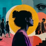 Ilustração em estilo pop art mostrando uma jovem isolada enquanto uma multidão caminha rapidamente ao seu redor sem percebê-la. A composição utiliza colagens, formas abstratas e tons escuros e terrosos para representar exclusão social, invisibilidade e sofrimento psíquico.