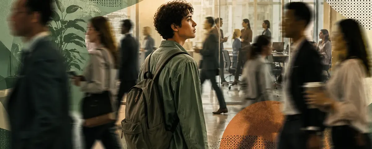 Ambiente corporativo com pessoas caminhando apressadamente enquanto uma pessoa neurodivergente permanece em destaque observando o espaço, simbolizando exclusão social, invisibilidade e os desafios da inclusão de adultos autistas no mercado de trabalho.