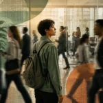 Ambiente corporativo com pessoas caminhando apressadamente enquanto uma pessoa neurodivergente permanece em destaque observando o espaço, simbolizando exclusão social, invisibilidade e os desafios da inclusão de adultos autistas no mercado de trabalho.