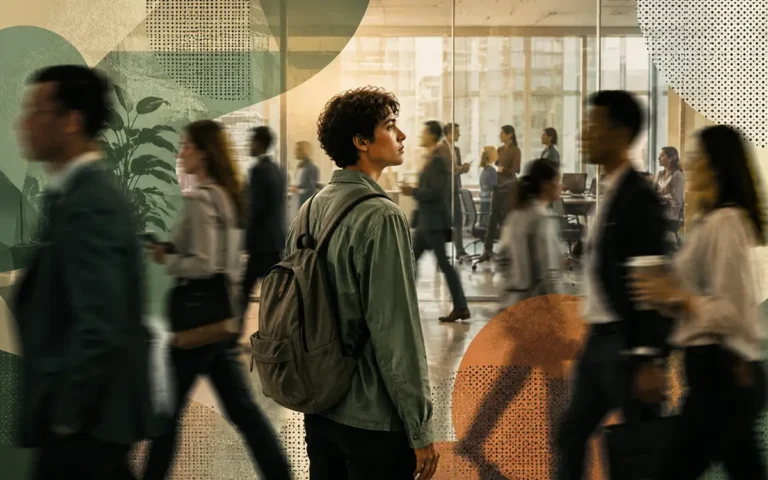 Ambiente corporativo com pessoas caminhando apressadamente enquanto uma pessoa neurodivergente permanece em destaque observando o espaço, simbolizando exclusão social, invisibilidade e os desafios da inclusão de adultos autistas no mercado de trabalho.