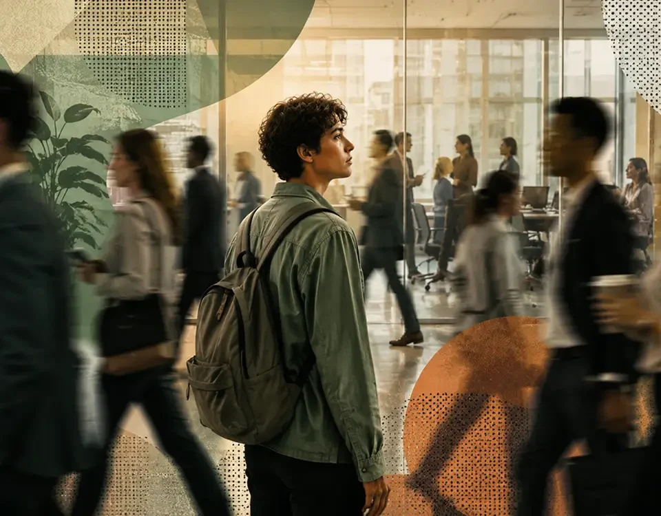 Ambiente corporativo com pessoas caminhando apressadamente enquanto uma pessoa neurodivergente permanece em destaque observando o espaço, simbolizando exclusão social, invisibilidade e os desafios da inclusão de adultos autistas no mercado de trabalho.