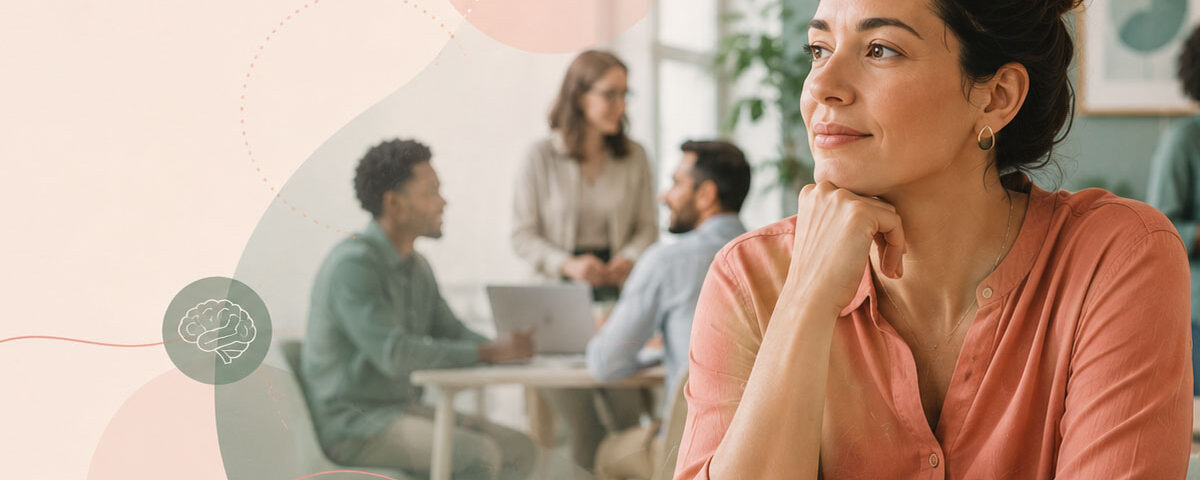Mulher latina de meia idade, veste camisa rosa terracota, sentada em mesa de escritório moderno com caderno e café. Expressa contemplação com mão no rosto. Ao fundo desfocado, colegas em reunião. À esquerda, elementos gráficos em rosa e verde acinzentado representam cérebro, coração e comunidade, simbolizando inclusão corporativa e suporte a cuidadores familiares.