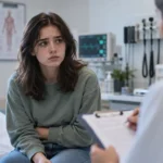 Jovem em consultório médico demonstrando desconforto durante avaliação clínica.