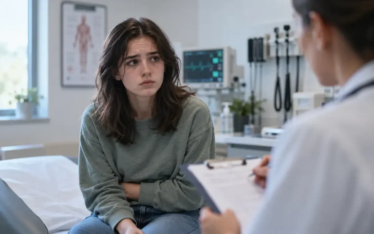 Jovem em consultório médico demonstrando desconforto durante avaliação clínica.