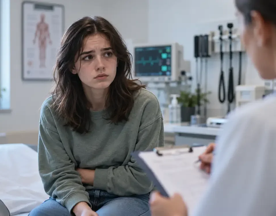 Jovem em consultório médico demonstrando desconforto durante avaliação clínica.