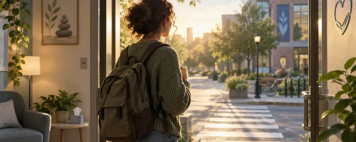Jovem com mochila observa a cidade a partir da entrada de um espaço de cuidado, representando autonomia, inclusão e participação na sociedade.