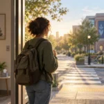 Jovem com mochila observa a cidade a partir da entrada de um espaço de cuidado, representando autonomia, inclusão e participação na sociedade.