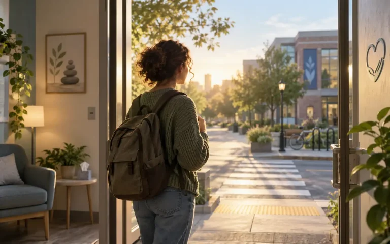 Jovem com mochila observa a cidade a partir da entrada de um espaço de cuidado, representando autonomia, inclusão e participação na sociedade.